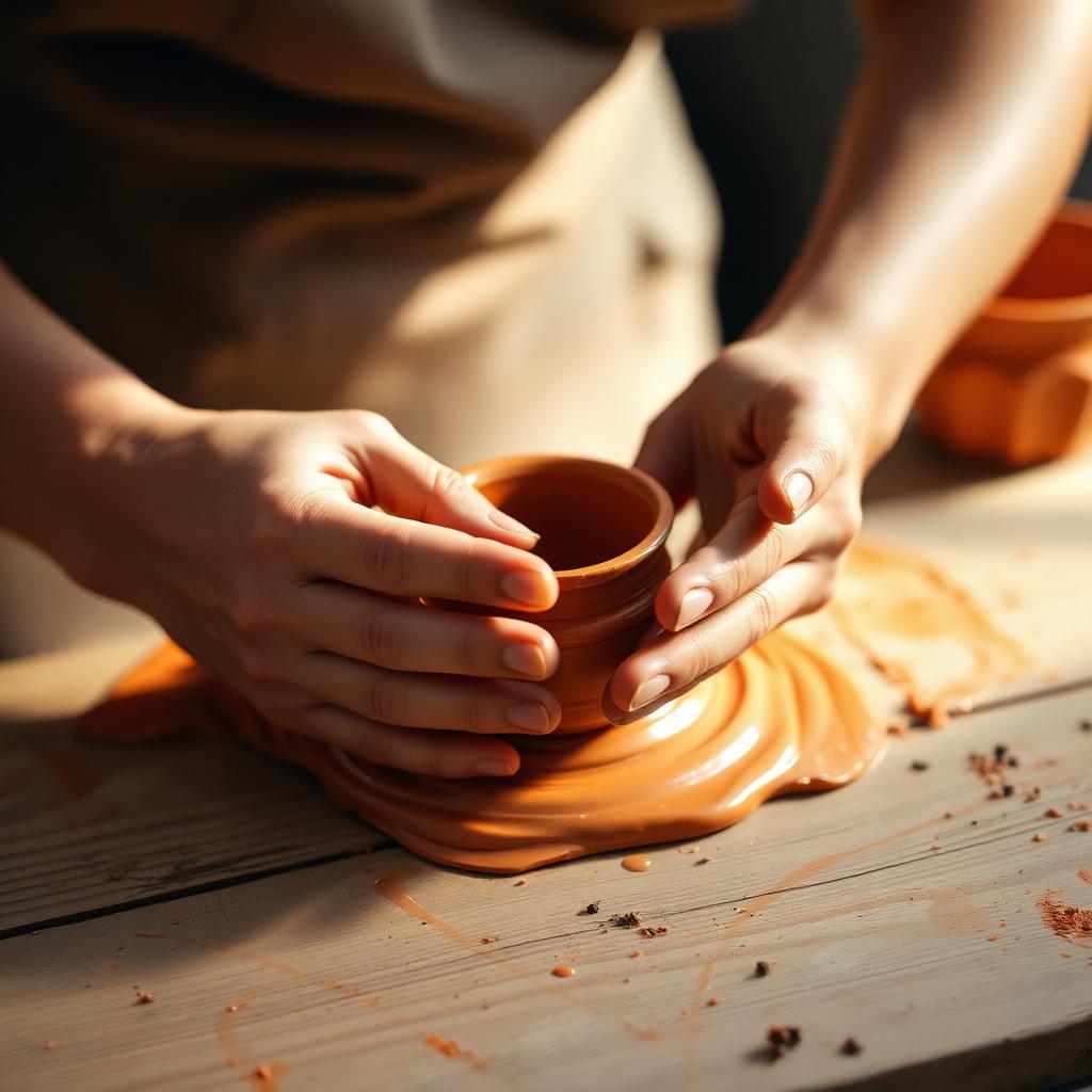 Hands folding clay